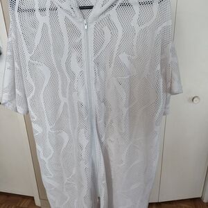 White Mesh Bathing Suit Zip-Front Hoodie Cover-Up